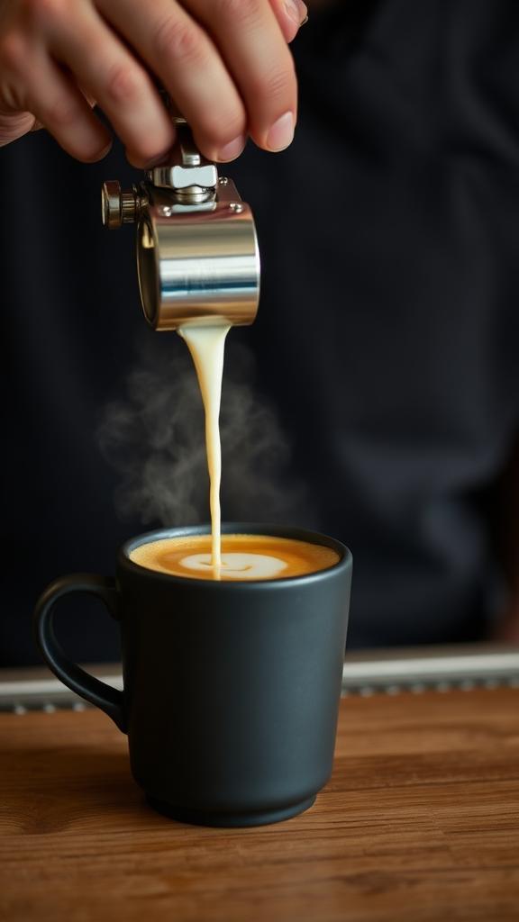 Vertical video still of oat milk being poured into an espresso cup