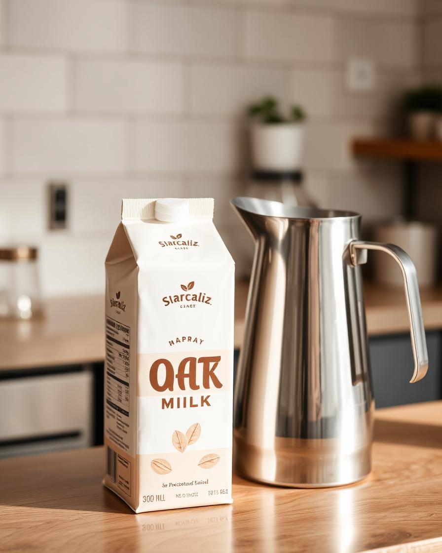 Oat milk carton beside a steam wand and milk jug on a cafe counter