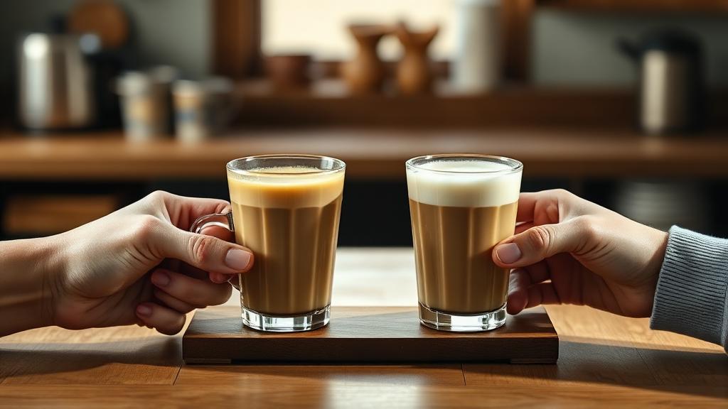 Two lattes held side by side in a pour comparison test