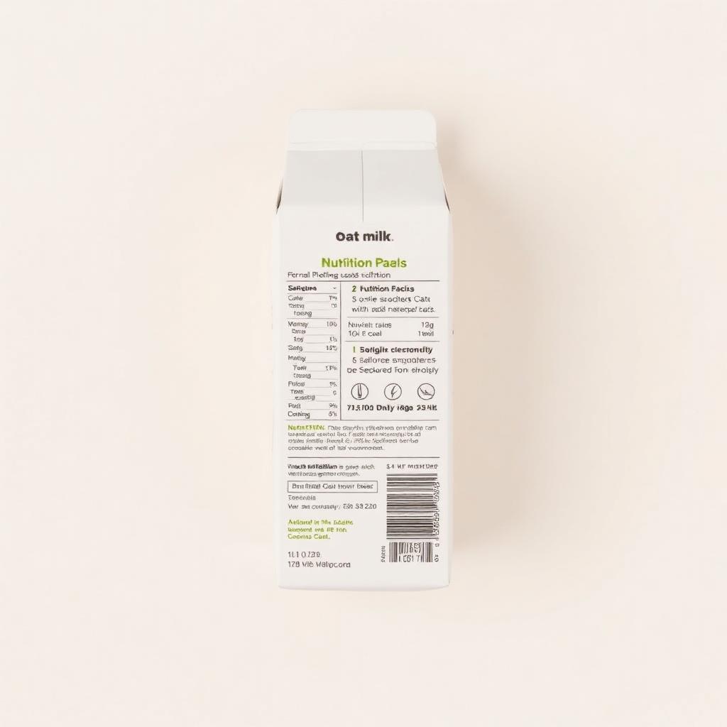 Flat lay of an oat milk carton nutrition and sustainability panel